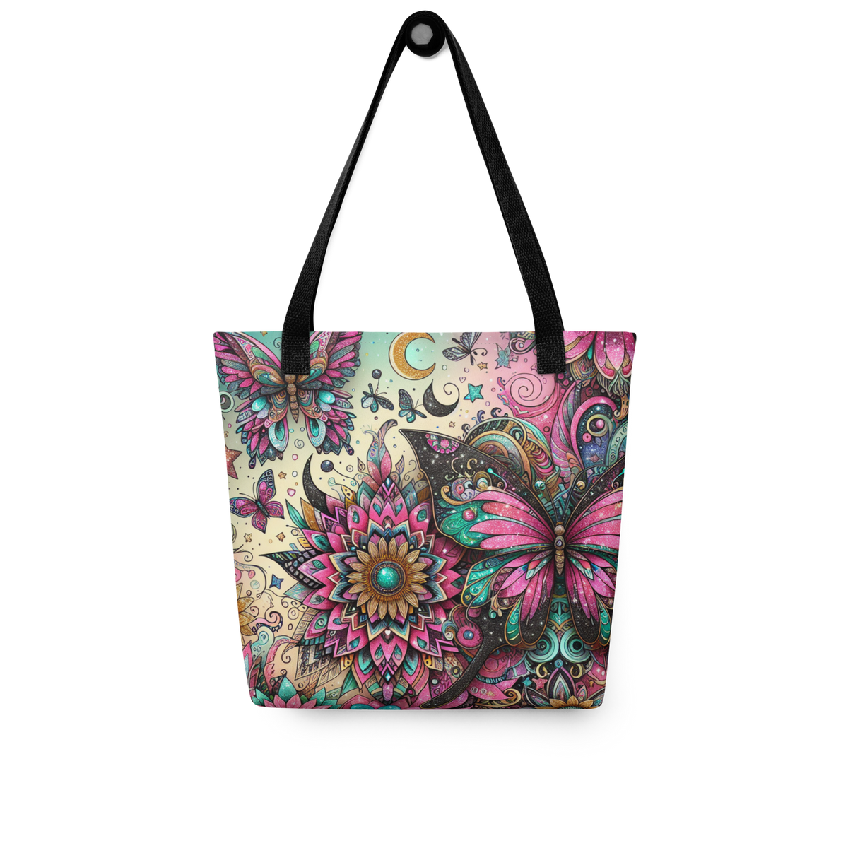 All-Over Stoffbeutel mit buntem Blumen und Schmetterlings Print im Used Look und schwarzem Henkel