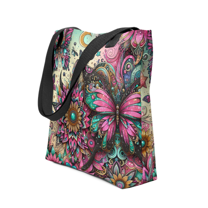 All-Over Stoffbeutel mit buntem Blumen und Schmetterlings Print im Used Look und schwarzem Henkel, Seitenansicht