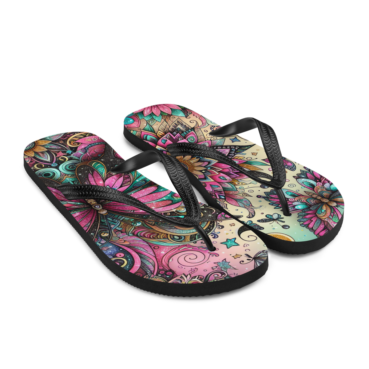Sommerliche Flip-Flops mit Schmetterlingen und Blumen Vintage Style Seitenansicht Rechts