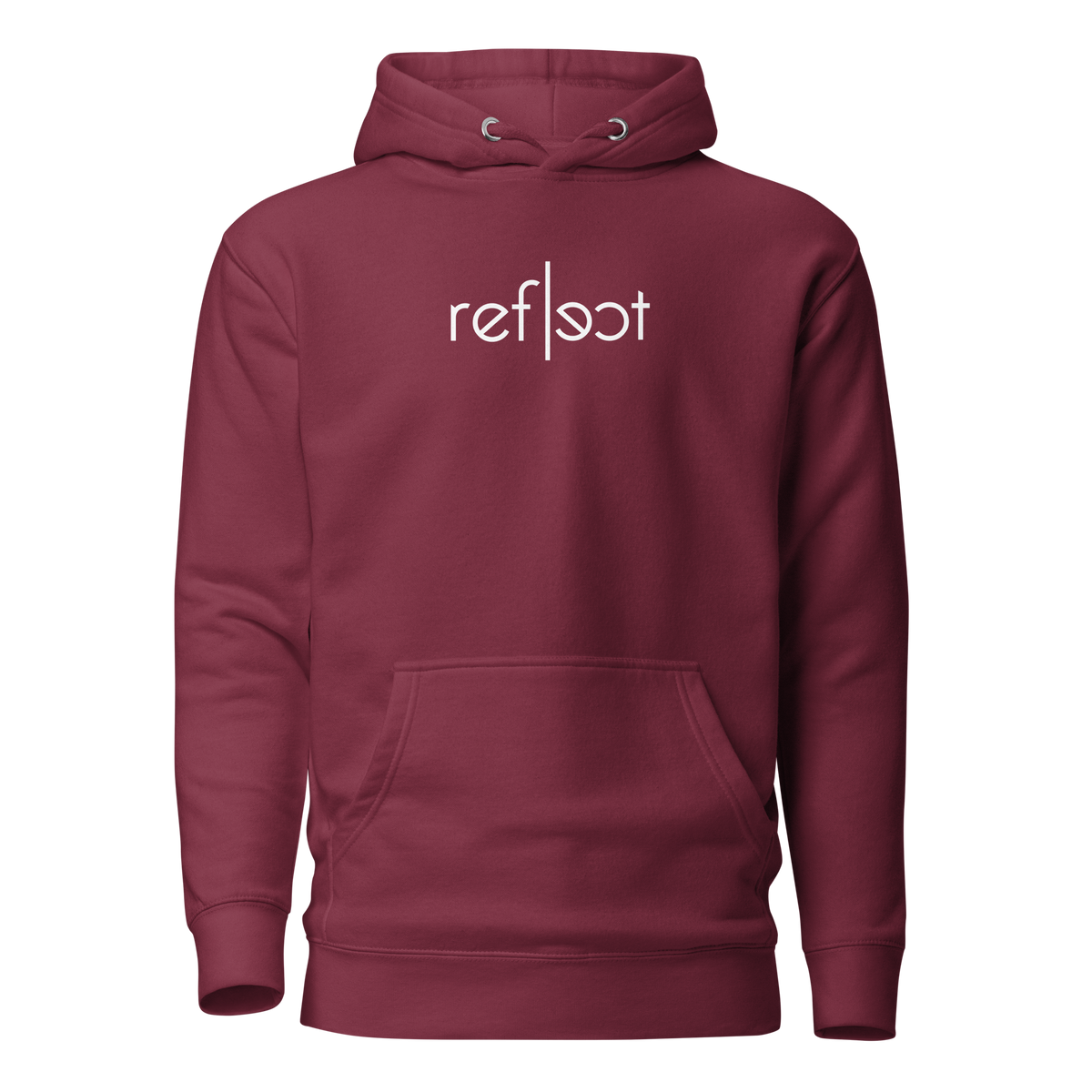 Kastanienrotes Unisex Hoodie mit weißem reflect Schriftzug, Brustprint
