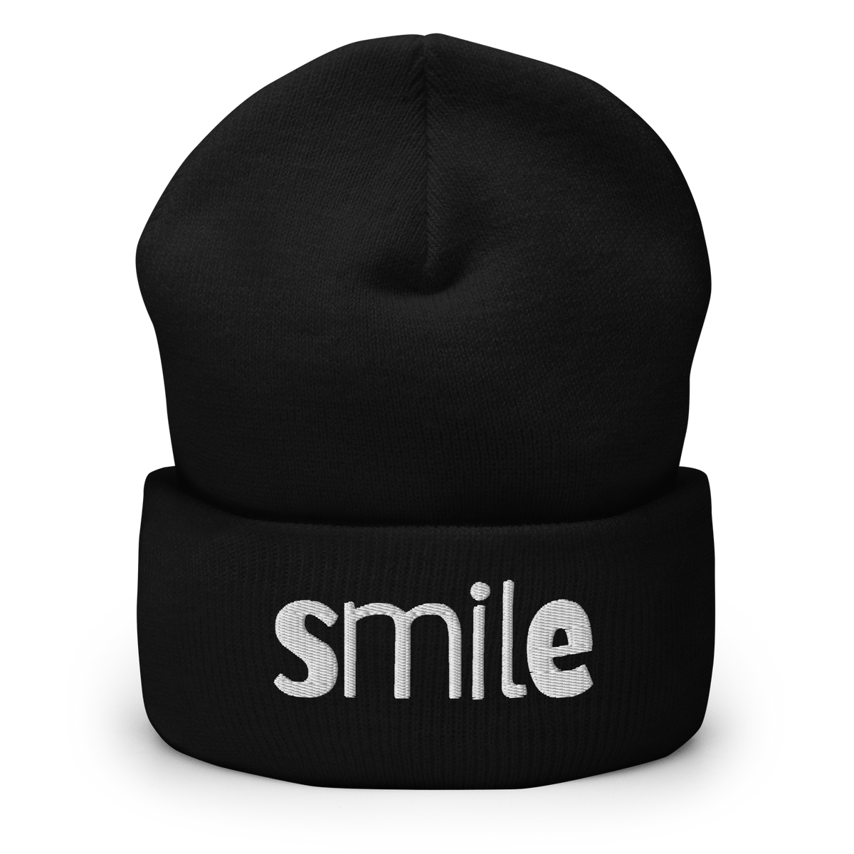 Schwarzes Beanie mit smile Schriftzug bestickt