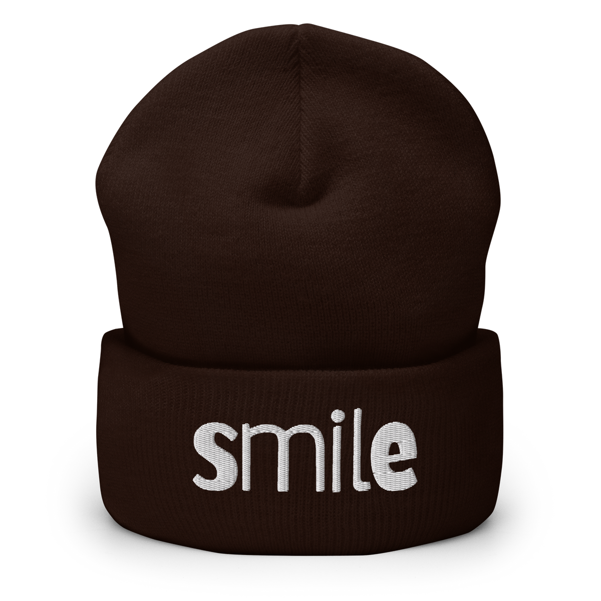 Braunes Beanie mit smile Schriftzug bestickt