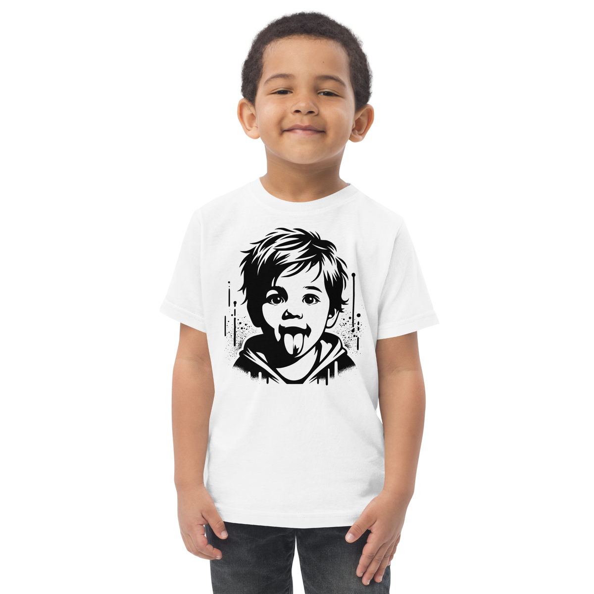 Junge trägt weißes Kinder T-Shirt mit Junge der Zunge herausstreckt Stencil Print